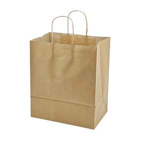 [250 unidades] Bolsas de compras personalizables de papel kraft de 10 x 6.7 x 12 pulgadas con asas, color natural - Product Image 1