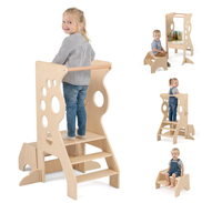 Tour d'apprentissage en bois pour tout-petits, modèle 3-en-1 Montessori, avec marchepied 2 marches et ensemble chaise-table pour cuisine et salle de bain - Meilleures ventes