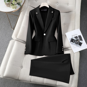 Women's Suit Set Black Slim Fit Satin Jacket Pants Spring Elegant Anti-Wrinkle Office Wear - Product Image 1
