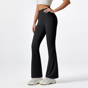 USA Oversea High Waist <b>Flared</b> Leg Yoga <b>Leggings</b> Full Length Solid Black Seamless Four-Way Stretch Elastic Waist Sport Pants - Product Image 1
