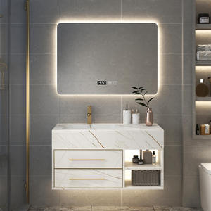 Meuble de salle de bain moderne avec plan de travail en dalle, miroir intelligent blanc et armoire rectangulaire éclairée - Product Image 1