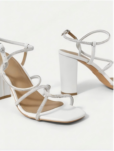 Elegante zomerse dames sandalen met vierkante neus, strass steentjes, PU, hoge schacht, instapper, trendy, ultrahoge dikke hakken - Product Image 5