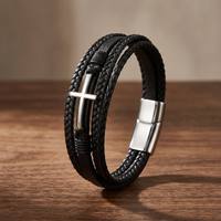 Bracelet tressé en cuir de vachette noir multicouche fait main avec fermoir magnétique en acier inoxydable pour homme