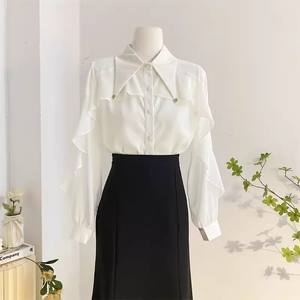 S-XL उच्च अंत की स्टड लैपल शैली सैटिन शर्ट लंबी आस्तीन शिफॉन रूफल्ड शीर्ष - Product Image 2