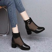 Bottes à talon épais classiques coréennes respirantes en maille pour femme, noires, été-automne