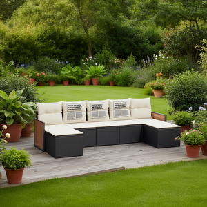 Conjunto de Sofás de Jardín en Negro y Crema, Muebles de Ratán para Exteriores con Cojines de Espuma de Alta Densidad, Diseño Contemporáneo Impermeable - Product Image 2