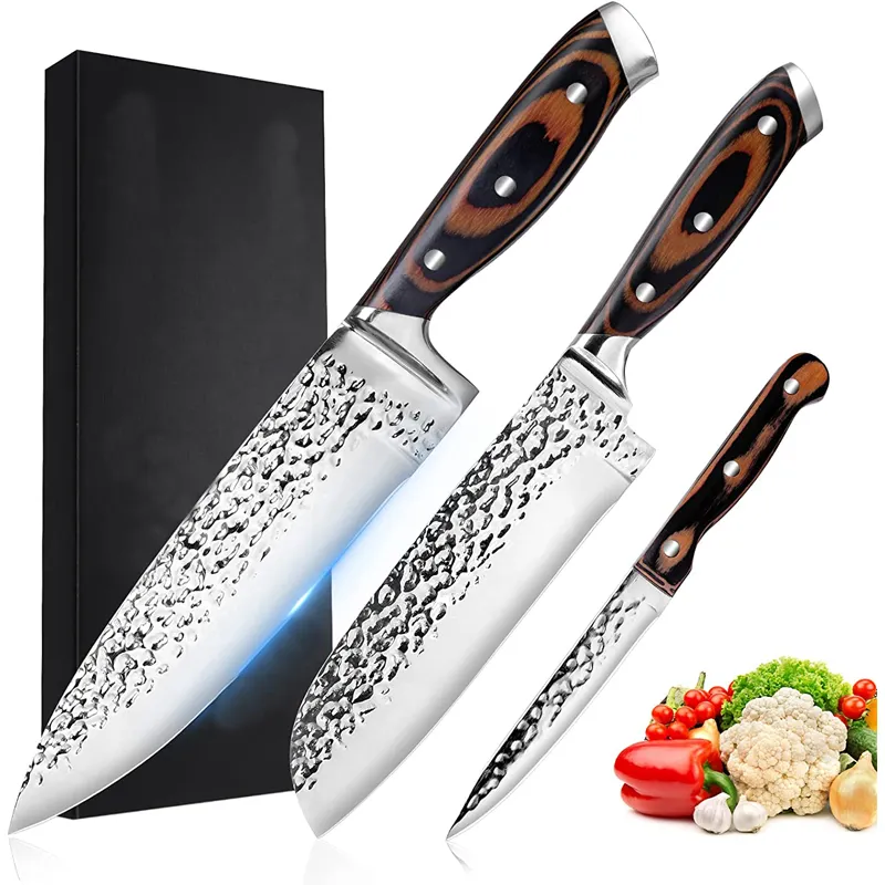 Gift Box Premium Hammer Blade Stainless Steel 8inch Chef 7inch Santoku 5inch Utility Kitchen Knife Set