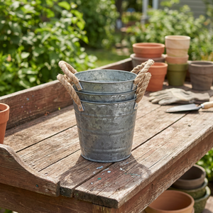 3-Set Vintage <b>Galvanized</b> <b>Planter</b> Buckets - Garden Bucket with Rope Handles, <b>Galvanized</b> Metal - Product Image 3