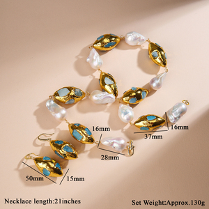 Trendy kadın moda takı <span class=keywords><strong>Set</strong></span> 18K altın kaplama bakır doğal tatlı su incisi & Larimar taş hediye için - Product Image 4