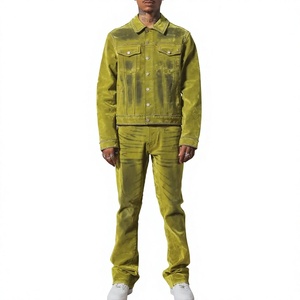 Ensemble veste en jean et pantalon évasé unisexe vert vintage avec logo personnalisé, rivets et flocage, écologique et respirant, style streetwear - Product Image 1