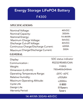 Batterie au lithium 14,4 kWh 48 V 300 A avec garantie de 5 ans et 8000 cycles, batterie de stockage solaire avec WiFi Bluetooth