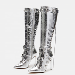 New Trending Silver Side Zipper Women's Knee High <b>Boots</b> Pointed Toe Metal Studded Cross Straps Long Booties Stiletto Heel Denim - Product Image 3