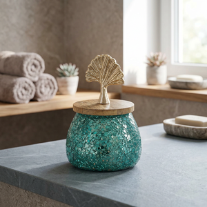 Pot à bougie en verre vert pailleté avec couvercle en bois, lanterne décorative, décoration de bureau et de maison - Product Image 3