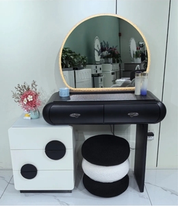 Wholesale Simple Style Bedroom Dressing Furniture LED Round Mirror Makeup <b>Vanity</b> Desk With Storage Drawers And Stool - Product Image 3