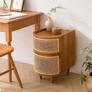 Mesa de Noche de Teca y Ratán con Dos Cajones, Diseño de Mediados de Siglo, Mueble de Dormitorio, Gabinete de Almacenamiento, Color Natural - Product Image 4