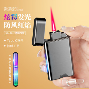 ไฟแช็กเรืองแสงสีทอง โลหะขัดเงา กันลม ชาร์จซ้ำได้ ชาร์จผ่านพอร์ต Type C พร้อมเปลวไฟหลากสีและหน้าต่างแสดงระดับแก๊สแบบโปร่งใส - Product Image 2