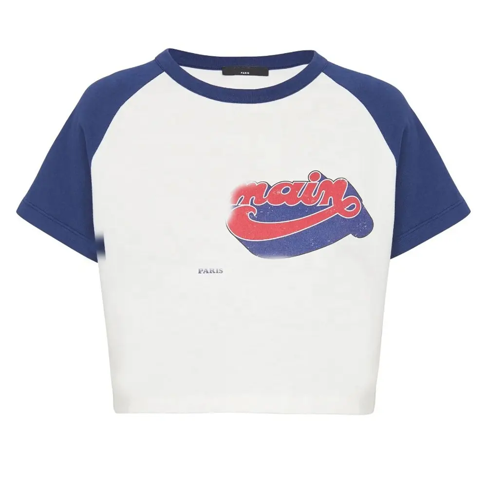 Camiseta recortada de algodón con estampado de moda personalizado para mujer, camiseta vintage con gráfico de manga raglán