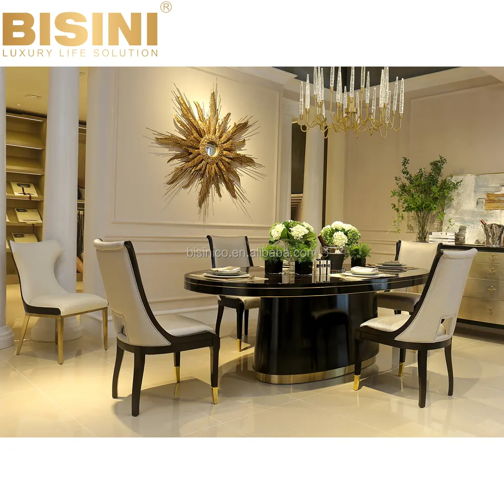 Bisini Luxe Moderne Houten Eetkamer Collecties, Ovaal Messing Decor Voetstuk Eettafel