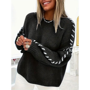 2026 Fall Winter New Euro-US Women's Casual Oversized Solid Color Crew Neck Drawstring Slim-Fitting Long-Sleeve <strong>Knitted</strong> <strong>Sweater</strong> - Product Image 3