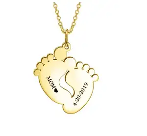 AFXSION Stainless Steel Initial Necklace Engravable Name Baby Shower Gift Necklace Baby Feet Gold Personalized
