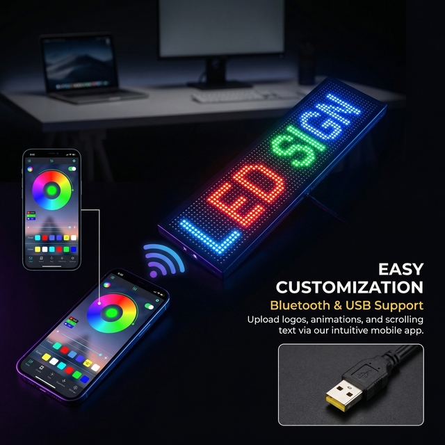 Smart Bluetooth LED Sign Programmable RGB Scrolling Display with Mobile App & USB Support for Desk, Streaming & Custom Messaging