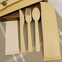 Ensemble de couverts en bambou emballés individuellement, cuillère, fourchette, couteau pré-roulés, serviette, manchon en papier kraft, compostable, biodégradable, en vrac