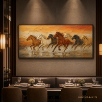 Bas-relief peint à la main, motif Coucher de soleil doré chaud et Sept chevaux au galop sur fond aquatique, Art mural pour hôtels, restaurants et espaces à dîner, Personnalisable en gros