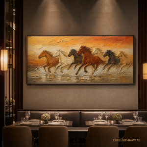 Bas-Relief Dipinto a Mano con Sette Cavalli al Tramonto Dorato e Acqua Corrente, Arte Murale per Hotel e Ristoranti, Personalizzabile - Product Image 1
