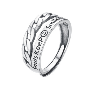 Men's Thai Silver Smile Ring Open Design Vintage Distressed Letter Pattern Gift Jewelry - Product Image 1