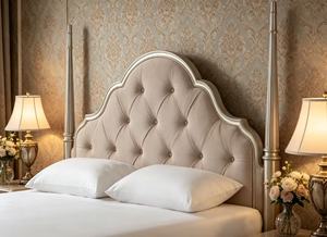 Premium Queen Size Silver Four Poster <b>Bed</b> With Beige Velvet Diamond Tufted Arched Headboard For Luxury Bedroom - Product Image 2
