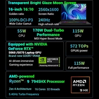 untuk laptop gaming msi crosshair 16 2025 baru, ryzen9 7945hx rtx5070, layar 2.5k 240hz high refresh rate, keyboard bahasa Inggris, amd