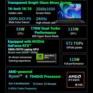 Ordinateur <span class=keywords><strong>portable</strong></span> <span class=keywords><strong>gamer</strong></span> <span class=keywords><strong>MSI</strong></span> 7945HX, processeur RTX5060/5070, écran 16 pouces 2.5K, <span class=keywords><strong>portable</strong></span>. - Product Image 2