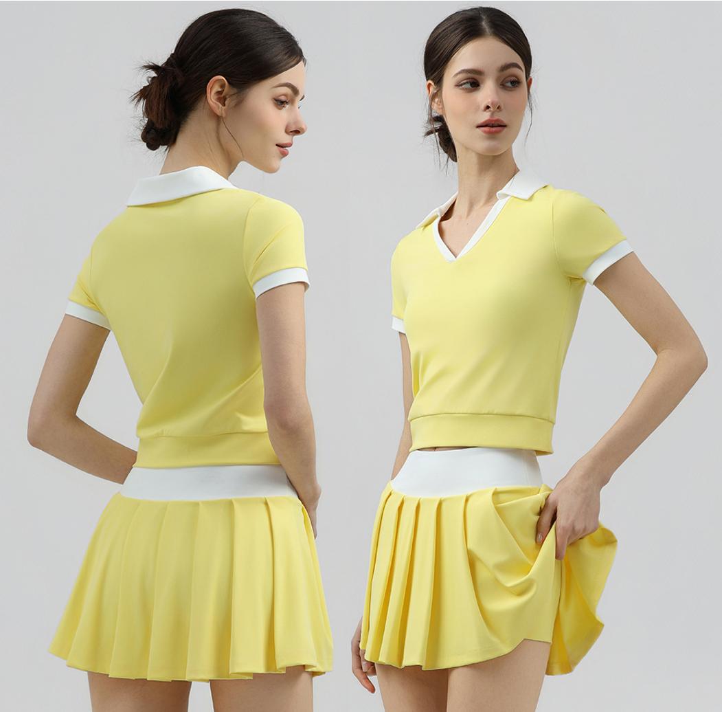 Ladies Summer Golf Tennis Wear Suit Color-Blocked Neck Short Sleeves Top & Pleated Skirt Active Wear Gym Fitness Yoga Set