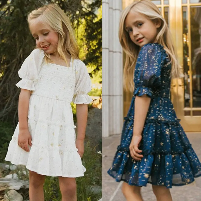 Summer Smocked Dress For Girls 7-12 Years Sequin Ruffle Short Sleeve Clothes Children New Fashion-Chiffon Party Princess Costume