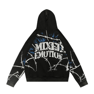 Felpa con Cappuccio Oversize da Uomo in Cotone 100% con Zip e Stampa Grafica 'Mixed Emotion', Giacca Streetwear Nera con Stampa Maschera Antigas e Filo Spinato - Product Image 3