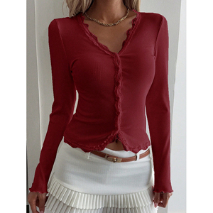 Nuova Collezione Autunno Inverno 2026: T-shirt Casual da <span class=keywords><strong>Donna</strong></span> a Maniche Lunghe <span class=keywords><strong>con</strong></span> Scollo a V, Elegante Pizzo, <span class=keywords><strong>Bottoni</strong></span> Frontali e Dettagli in Tessuto Morbido a Costine - Product Image 3