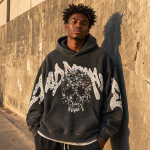 Hot Sale Trending Y2K Skull Rhinestone DTG Print Acid Wash Heavyweight Oversized Hoodie <b>Men</b> Vintage Streetwear Gothic Pullover - Product Image 4