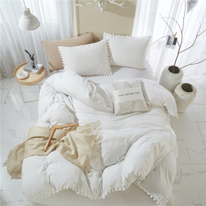 Ensemble de literie 3 pièces en microfibre unie avec pompons en polyester lavé, style <span class=keywords><strong>boule</strong></span> à franges, housse de couette douce et légère - Product Image 2