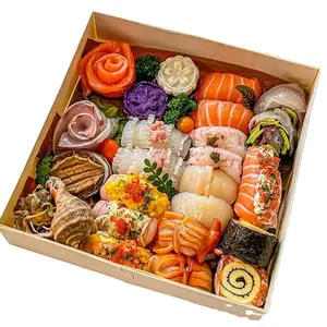 Biologisch abbaubare Einweg-Sushi-Box aus Holz Bento Lunch Catering Mahlzeit Kuchen Gebäck Tablett Lebensmittel behälter mit transparentem Deckel