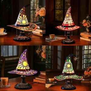 Lámpara de Mesa LED Vintage con Forma de Sombrero de Bruja de Vidrio Teñido, Alimentada por USB, Decoración de Escritorio para el Hogar de Halloween, Lámpara Nocturna - Product Image 1