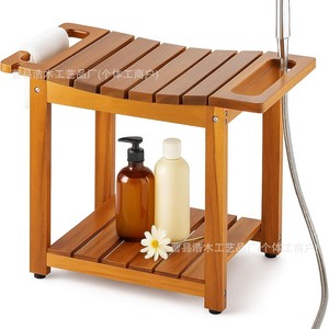 Tabouret de salle de bain en bois massif Hiroki, 8 tailles, siège de douche avec étagère de rangement pour le bain - Product Image 1