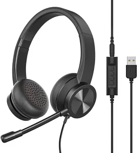 Headset USB Berkabel On-Ear dengan Mikrofon Peredam Bising, Headphone Komputer dengan Untuk Laptop PC