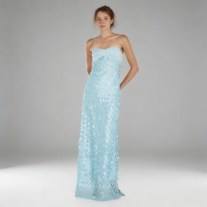 فستان سهرة أنيق مخصص باللون الأزرق السماوي بدون حمالات وطويل حتى الأرض، فستان رسمي للنساء لحفلات الكوكتيل والمناسبات مع ترتر - Product Image 2