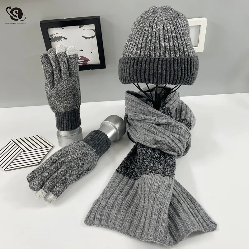 Winter Wool And Fleece Thermal Suit Knitted Hat Scarf Gloves Men's Three-piece Set