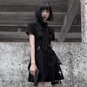 Vestido Gótico Punk Harajuku de Verano Negro Mini Tipo Camisa para Mujer de Manga Corta Ropa Emo Estilo <span class=keywords><strong>Mall</strong></span> <span class=keywords><strong>Goth</strong></span> Dark Academia - Product Image 1