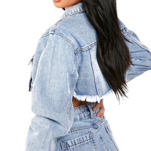 Nouvelle conception, logo personnalisé, chemises en jean à manches longues pour femmes, effet délavé, ourlet effiloché, chemise cargo courte - Product Image 2