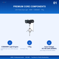 Projecteur de suivi manuel COB 450W AC100-240V 8-15 °   Projecteur à 5 couleurs + lumière blanche pour éclairage de scène de mariage, de théâtre et de concert