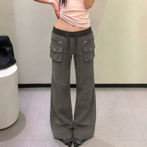 Pantalon cargo en denim pour femme, coupe ample, taille haute élastique avec empiècements côtelés extensibles, jean évasé multipoches style streetwear - Product Image 3