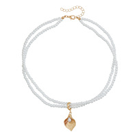 Collier superposé double couche style luxe léger français, pendentif feuille de Ginkgo, perles imitation riz, ras-de-cou pour femme, vente en gros de bijoux