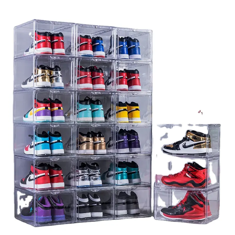 Venta caliente de plástico transparente Sneaker Drop Front Shoe Box Organizador Almacenamiento de zapatos transparente